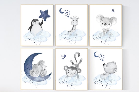 Nursery decor boy animals, nursery wall art boy, navy blue, animal prints for nursery, navy blue nursery wall decor, set of 6 prints