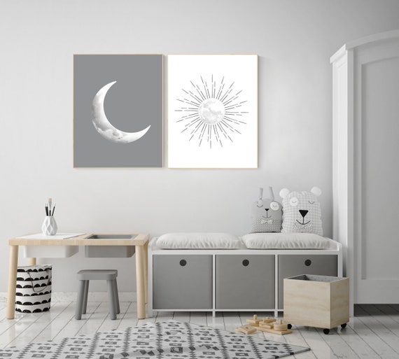 Grey nursery decor, gray nursery decor, sun and moon, grey, moon and stars nursery, gender neutral nursery wall art, sunshine, moon