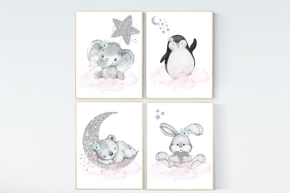 Animal nursery for girls, pink mint and silver, Nursery decor girl elephant, animal nursery, bunny print, bear nursery penguin baby room art