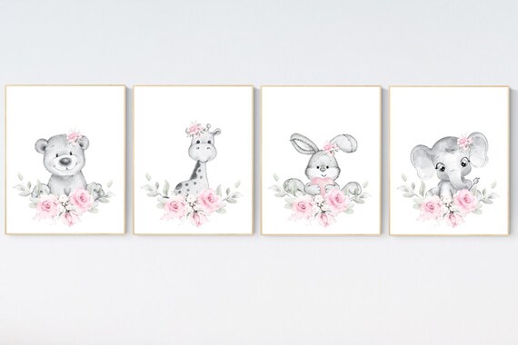 Nursery decor floral jungle, woodland animals, animal nursery prints, elephant, bear, giraffe, bunny, nursery decor girl flowers, pink grey