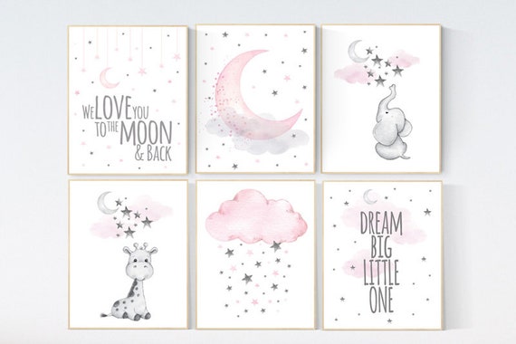 Baby room decor girl, Moon cloud star nursery, elephant, giraffe, pink grey nursery girl room art, nursery ideas for girls, Nursery prints