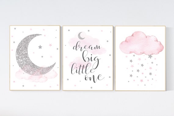 Nursery wall art girl, pink and silver nursery, cloud, stars, pink nursery art, cloud and stars, baby room decor for girls