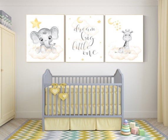 Nursery decor neutral, Yellow nursery, nursery wall art elephant, giraffe nursery, gender neutral, yellow and grey nursery art, baby room