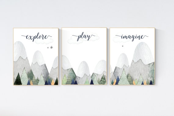 Nursery decor boy mountain, sage green, adventure nursery, adventure theme nursery, woodland, gender neutral, explore, play, imagine, olive