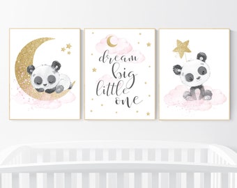 Lámina de panda para guardería: decoración de habitación de niña en rosa y dorado