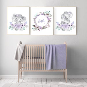 Purple teal nursery, Boho baby room, nursery wall art elephant, nursery decor girl, nursery decor girl floral, lilac nursery decor, lavender