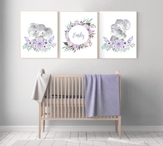 Purple teal nursery, Boho baby room, nursery wall art elephant, nursery decor girl, nursery decor girl floral, lilac nursery decor, lavender