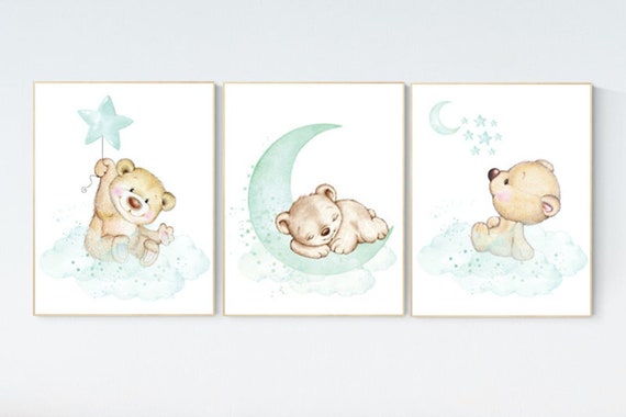 Mint nursery decor, nursery decor bear, teddy bear, gender neutral nursery, moon and clouds, mint green nursery wall art, baby room decor