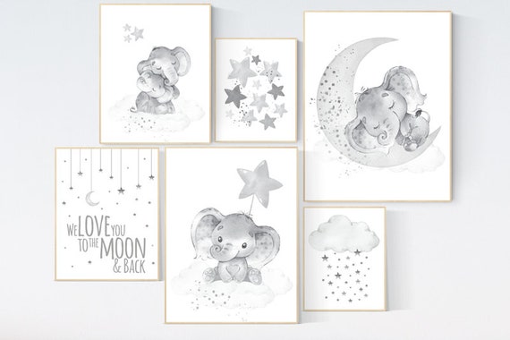 Nursery wall art gray, grey nursery, gender neutral, cloud and stars, we love you to the moon and back, elephant nursery set, neutral colors