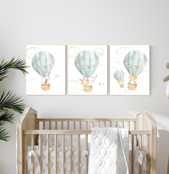 Nursery decor gender neutral, sage green, hot air balloon, green nursery, baby room decor, nursery prints, travel theme nursery, adventure