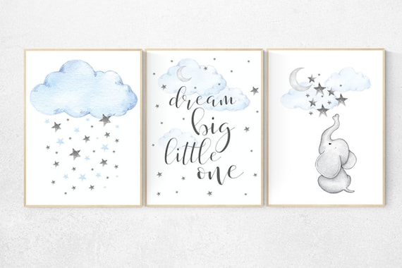 Nursery decor elephant, nursery wall art boy, Blue and gray, Nursery decor boy, dream big little one, clouds and stars, blue grey