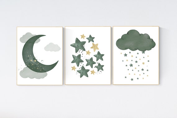 Green gold nursery decor, gender neutral nursery, Dark green, moon and stars, set of 3, nursery prints, green gold nursery, green nursery