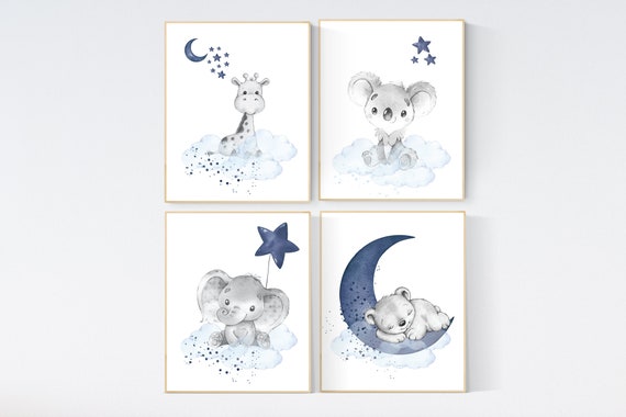 Nursery decor animals, elephant, giraffe, koala, bear, animal nursery prints, navy blue, baby room wall decor, animal prints