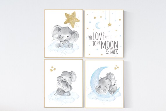 Nursery decor boy elephant, blue and gold nursery, blue nursery wall art, cloud and stars, baby room decor, blue gold nursery art