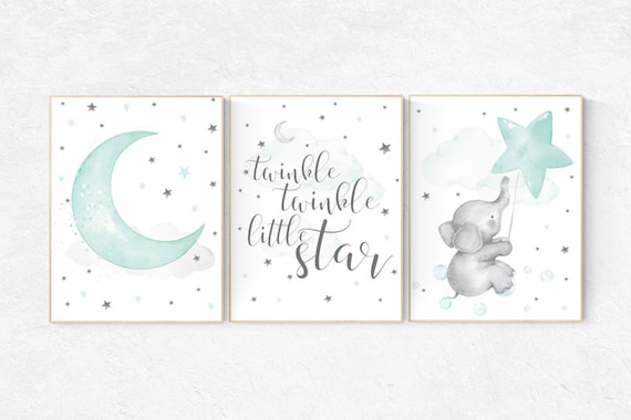 Nursery decor neutral, Nursery decor turquoise, Nursery decor elephant, Mint nursery decor, aqua nursery art, mint green, cloud and star,