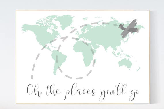 Mint nursery decor, Oh the places you'll go, World Map wall art, world map nursery, world map wall art, gender neutral nursery decor, mint