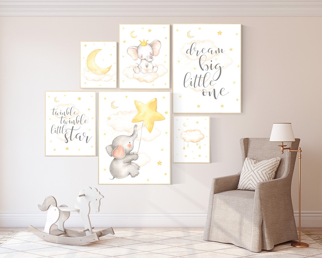 Nursery decor elephant, nursery wall art neutral, dream big little one