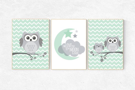 Owl Nursery Wall Art, gender neutral nursery decor, we love you to the moon, baby room decor, mint gray, owl room decor, owl nursery decor