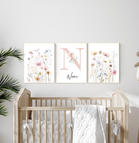 Personalized floral nursery art, wildflower name print, boho nursery,botanical baby room decor, pastel flower nursery print, name wall art