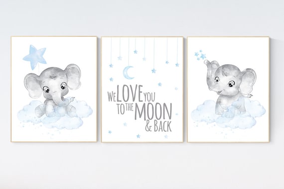 Nursery decor boy elephant, nursery wall art elephant, we love you to the moon and back, Elephant Nursery, boy nursery art, blue grey