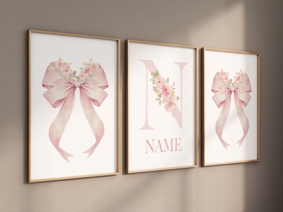 Pink Floral Nursery Wall Art Set of 3 - Bow Name Print for Baby Girl - Custom Initial Poster - Elegant Baby Girl Room Decor, girls room
