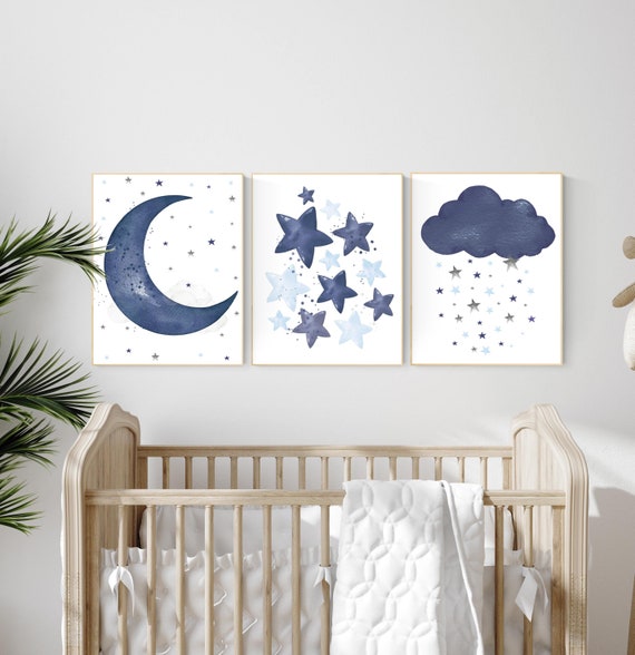 Navy nursery decor boy, navy blue nursery art, baby room wall art, boy nursery decor, set of 3, nursery art, nursery prints, moon nursery