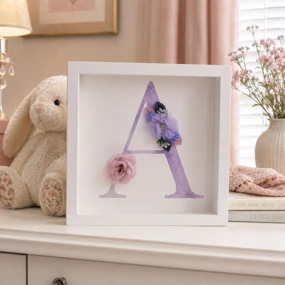 Personalized Floral Initial Nursery Art, 9x9 Framed Monogram Decor