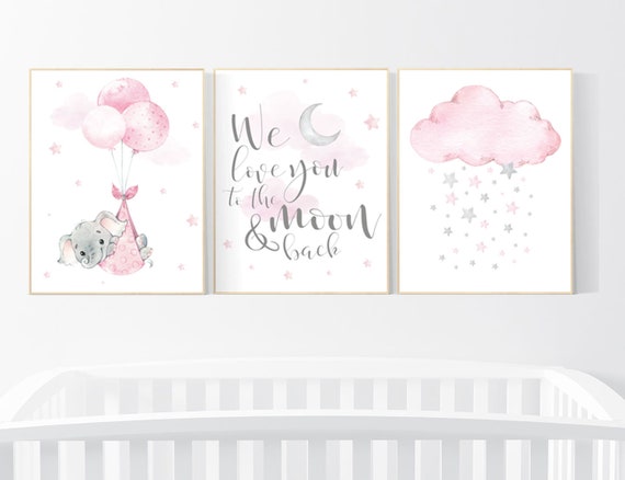 Nursery wall art girl , nursery wall art elephant, nursery prints elephant, girls nursery print, we love you to the moon and back