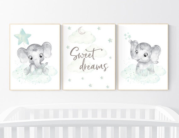 Baby room wall decor, Mint and grey nursery, Elephant theme, baby room pictures, gender neutral, mint green, gender neutral nursery ideas
