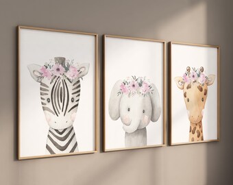 Estampas de animais de safári floral: arte de parede para quarto de bebê de menina