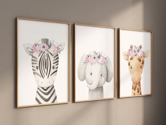 Safari Animals, girl nursery, Animals Prints, Woodland Nursery Decor, Safari Nursery Wall Art, floral animal prints, Pink Safari Animals