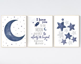 Navy nursery decor, cloud and stars, moon and stars, navy blue nursery art. baby room wall art, boy nursery decor, set of 3, nursery art