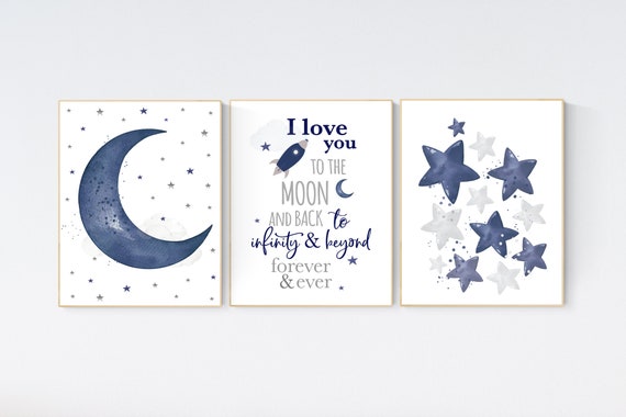 Navy nursery decor, cloud and stars, moon and stars, navy blue nursery art. baby room wall art, boy nursery decor, set of 3, nursery art