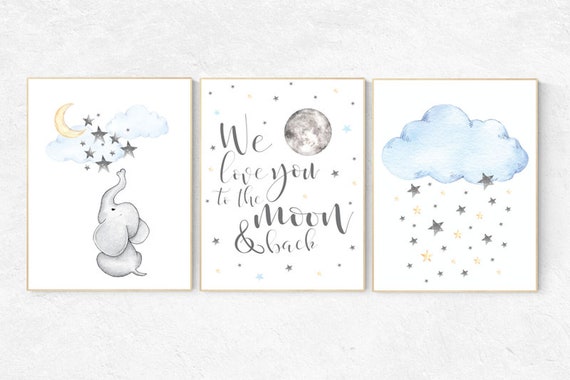 Nursery wall art elephant, neutral nursery, Gender neutral nursery, we love you to the moon and back, nursery prints, baby room decor, cloud