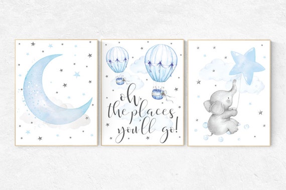 Nursery decor elephant, Nursery decor boy hot air balloon, oh the places you'll go, hot air balloon nursery, blue and gray nursery, elephant