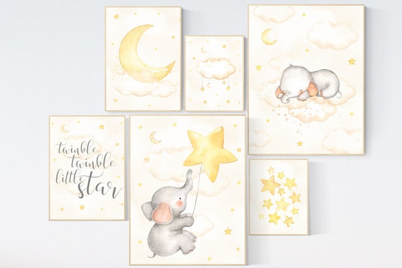 Nursery decor elephant, nursery wall art neutral, twinkle twinkle little star, baby wall art, baby room decor gender neutral, cloud, star