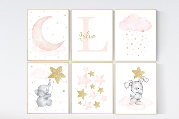 Nursery decor girl name, Blush pink and gold, nursery wall art girl, elephant, giraffe, blush pink gold, girl nursery wall decor, cloud moon