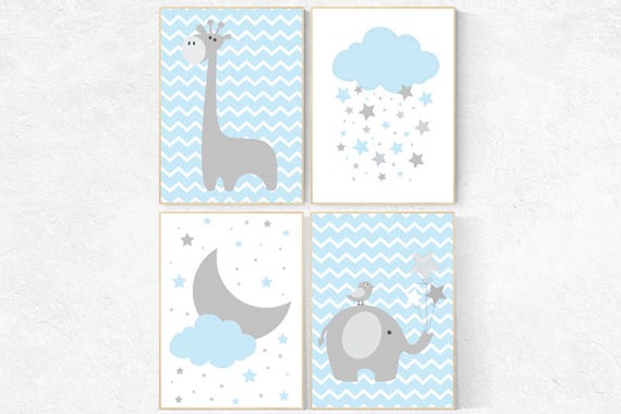 Nursery decor elephant, nusery decor boy, Blue gray nursery, boys room decor, nursery prints boy, nursery prints animals, blue nursery decor