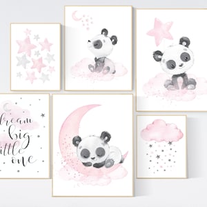 Nursery wall art girl, pink grey, panda nursery decor, panda bear nursery, dream big little one, baby room art, girl nursery wall decor