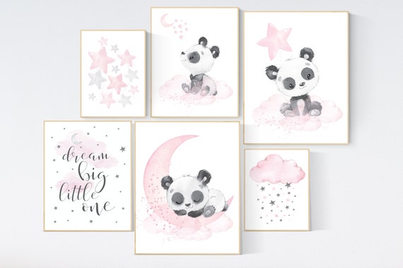 Nursery wall art girl, pink grey, panda nursery decor, panda bear nursery, dream big little one, baby room art, girl nursery wall decor