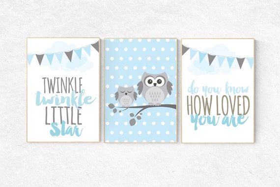 Twinkle Twinkle Little Star, owl nursery art, Baby boy nursery decor, Blue gray nursery, boys room wall art, baby room prints, set of 3, owl