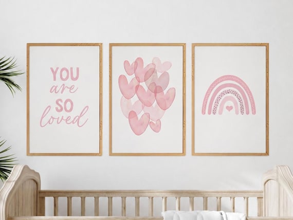 Pink Watercolor Nursery Wall Art Set of 3, Heart, rainbow Prints