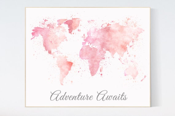 Adventure awaits, blush pink watercolor world map, Nursery baby girl room, nursery wall art map, blush nursery, nursery decor girl map print