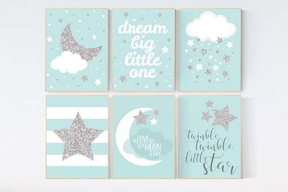 Mint nursery decor, gender neutral nursery decor, Dream big little one, twinkle, mint nursery wall art, baby room, Nursery decor neutral