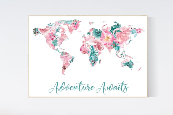 Floral World Map, Girl Nursery Decor, pink and teal, Nursery baby girl room, Adventure Awaits, flower Nursery Print, flower map