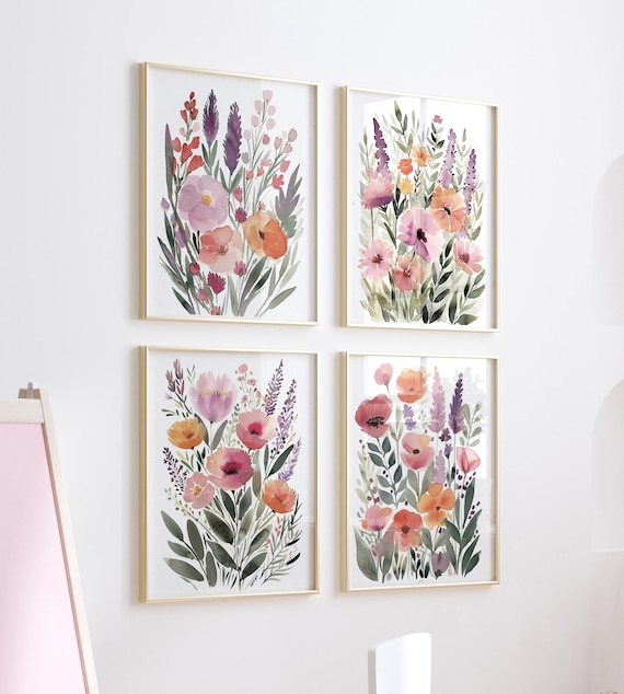 Bright Floral Wall Art Set of 4 – Watercolor Wildflower Prints, Colorful Botanical Wall Decor, Boho Art for Bedroom, Entryway, nursery print