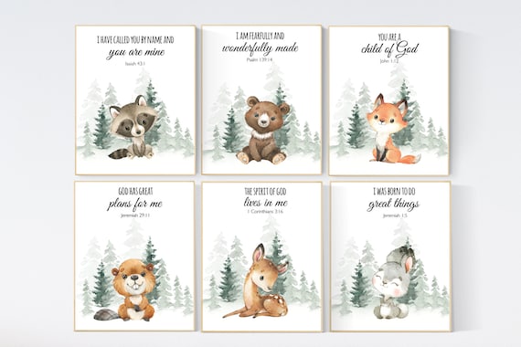 Woodland nursery decor, animals prints, woodland themed nursery, nursery wall art, nursery prints gender neutral, verse prints, bible verse