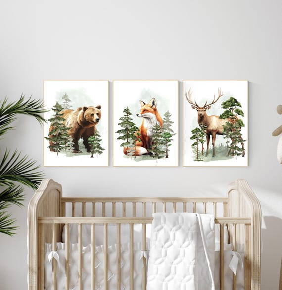 Nursery decor woodland, nursery wall art, tree nursery decor, adventure theme nursery, forest nursery, sage green, beige, woodland animals