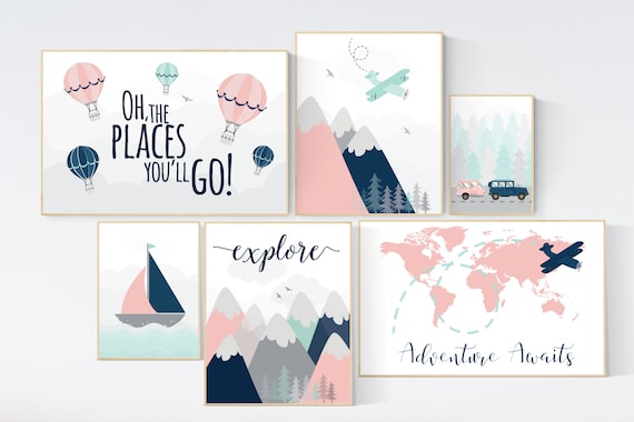 Adventure awaits nursery, Mountain art print set, coral navy mint, Adventure nursery,  coral mint girl, airplane, world map, hot air balloon