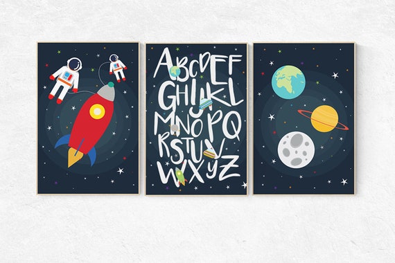 Outer space nursery Art Set, alphabet nursery, set of 3 prints, modern nursery decor, Boy, kid room decor rocket ship, baby boy nursery